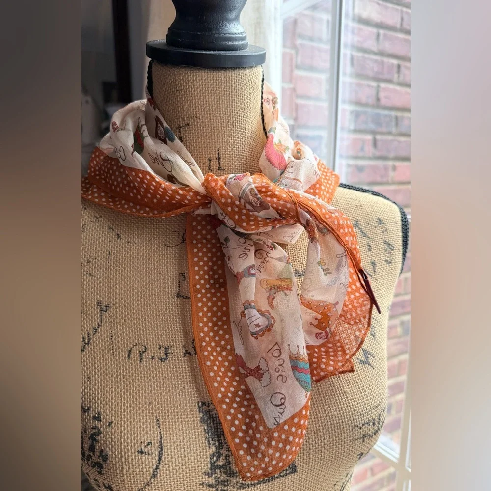 Orange Polka Dot and more print silk Scarf.